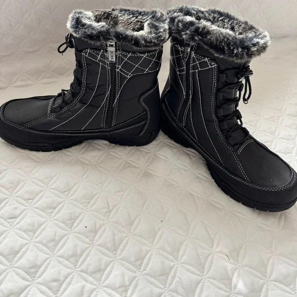Sporto Black Winter Zip-Up/Toggle Boots with Gray Faux Fur Trim Size 8 - Picture 3 of 13